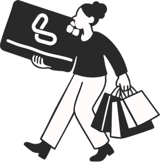 A black and white illustration of a lady holding Lucid card and shopping bags.