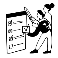 A black and white illustration of people answering a poll